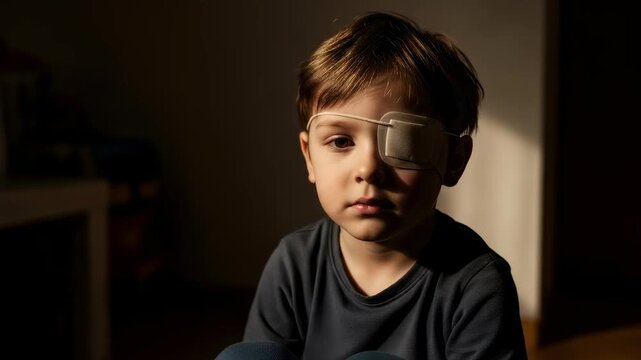 A boy with an eye patch in a dimly lit room looking down and then out of frame, showing vision correction