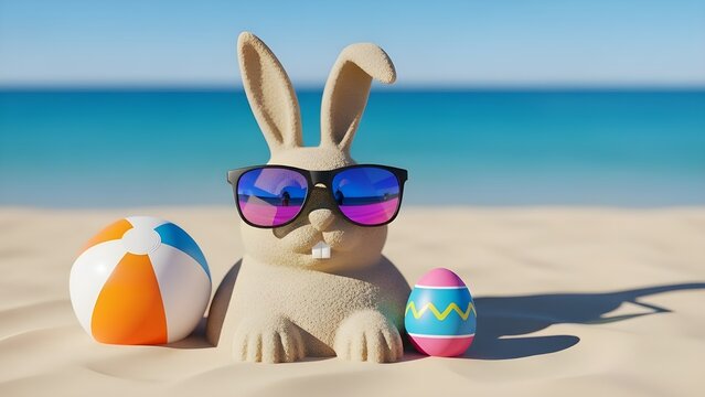 Easter bunny on beach with sunglasses and easter eggs