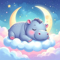 Fototapeta premium A baby hippo sleeps soundly on a cloud under the moon and stars