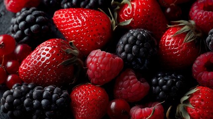 Fototapeta premium falling red raspberries strawberries and blackberries closeup