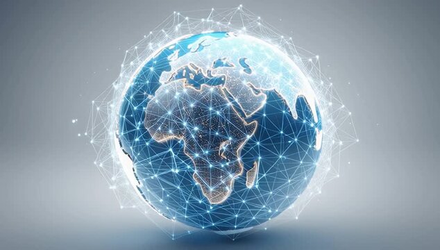a blue digital globe with glowing connections on the surface, symbolizing global connectivity and technology in business, set against an abstract background of light gray to create depth Generative AI