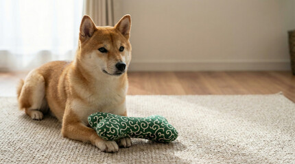 Shiba Inu Relaxing on Sofa and Cushions - Japanese Modern Pet Lifestyle Series with Arabesque Patterns