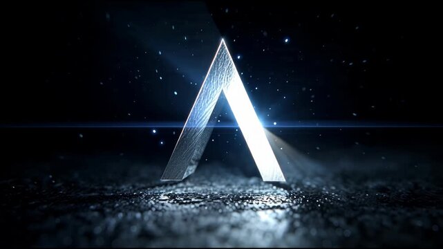 Glowing triangular prism with radiant light beam in dark space