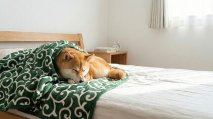 Shiba Inu Sleeping Soundly Wrapped in an Arabesque Pattern Blanket in a Bright Bedroom - Lifestyle Material for Peace, Sleep, and Healing