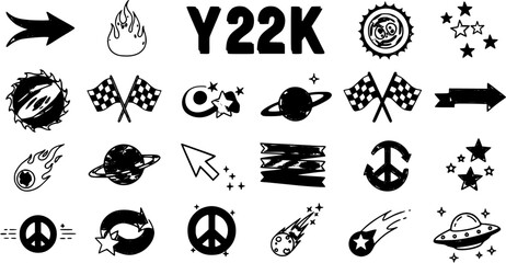 Funky Doodle Icon Collection: Arrows, Stars, Planets, Peace  Retro Emblems Hand Drawn in Black  White © kulinadsgn