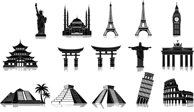 Black silhouette vector set of world famous landmarks and monuments with reflections for global travel and international tourism design