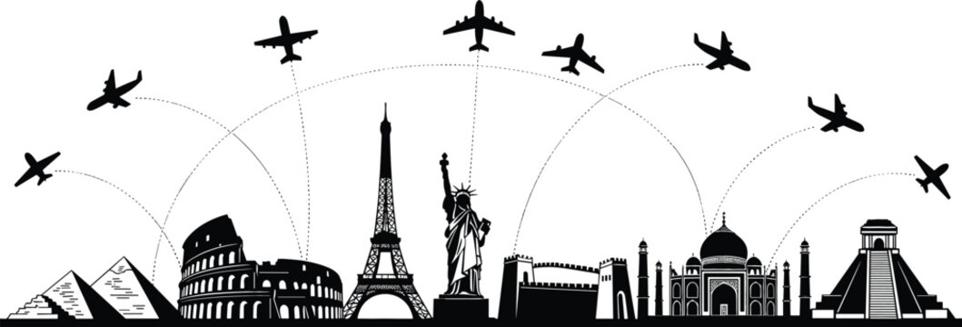 Black silhouette vector of world famous landmarks and monuments with airplanes flying on dotted paths for global tourism concept
