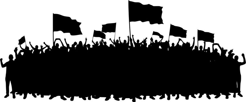 Silhouette of a large protesting or celebrating crowd with raised hands and flags, depicting a rally, demonstration, or event for activism and unity on a white background.
