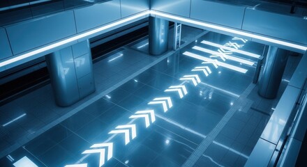 Futuristic Subway Station Interior Showcasing Directional Arrows and Modern Architecture Design