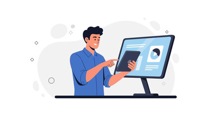 Man interacting with digital tablet and computer screen for business analytics