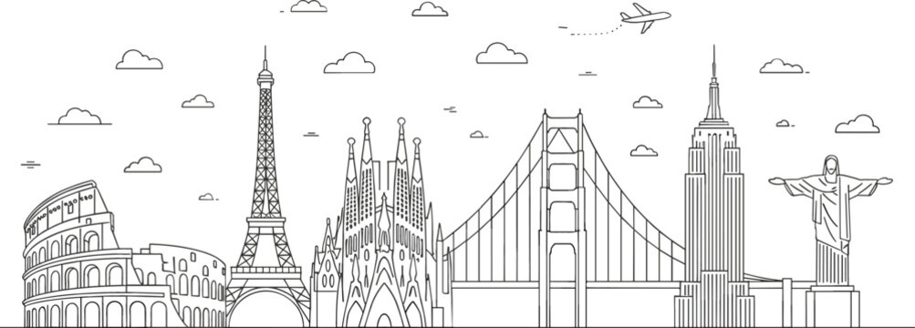Professional global landmark skyline illustration featuring world-famous monuments architectural icons international travel destinations and city silhouette vector graphic elements