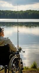 Obraz premium Man in wheelchair fishing by lake.