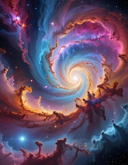 A vibrant nebula, swirling with cosmic dust and colorful gases