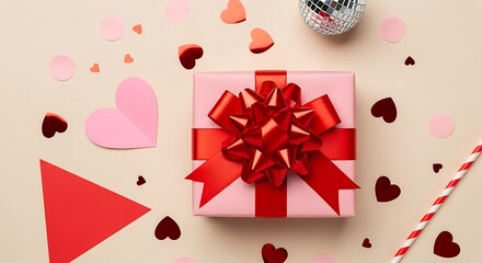 Obraz premium A festive scene with red hearts and a gift box on a white background