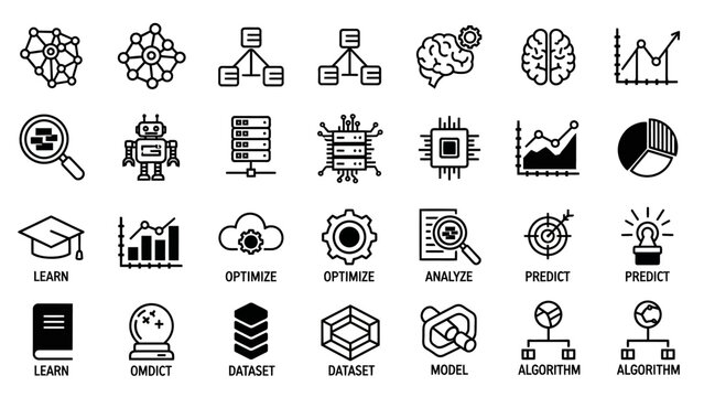 Artificial Intelligence and Machine Learning Icons Set.