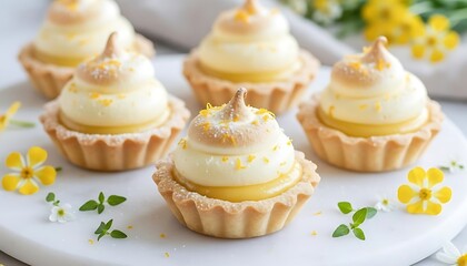 Lemon meringue mini tarts dessert arranged on a white plate with natural light and yellow flowers
