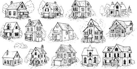 Obraz premium Hand-drawn seamless pattern of vintage residential houses and architectural buildings in a black and white sketch style, perfect for backgrounds or design elements.