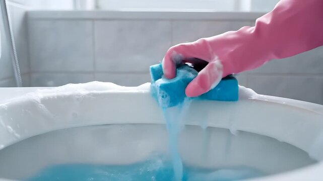 Close up shot of a hand wearing a pink rubber glove scrubbing the rim of a white toilet bowl with a blue sponge creating abundant white foam and dripping blue cleaning liquid in a bright clean