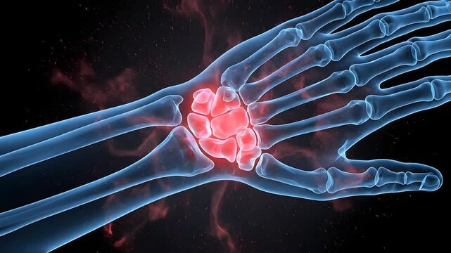Close Up X Ray of Human Wrist Bones With Red Pain Highlighted on Carpal Bones and Dark Black Background Showing Inflammation and Medical Condition