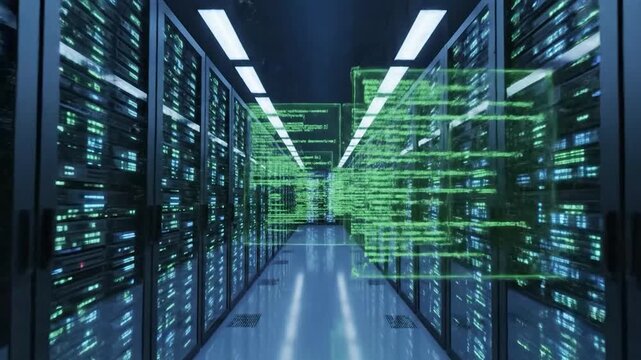 Digital data streams flow through a modern server room with glowing racks.