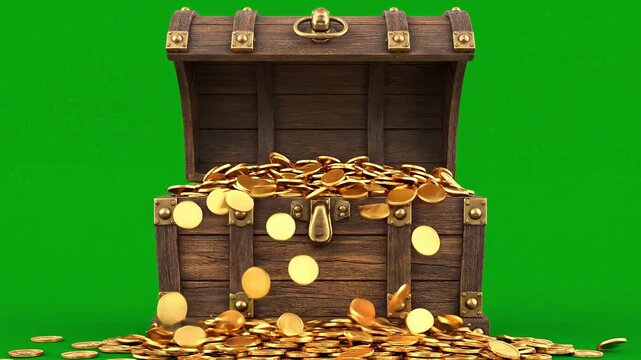 An old wooden treasure chest overflowing with shiny gold coins against a vibrant green screen background, with some coins scattered on the ground.