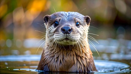 Close-up of curious river otter, emerging from water