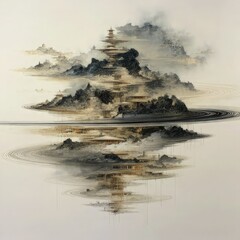 Minimal Ink Wash Landscape with Floating Mountain Reflection