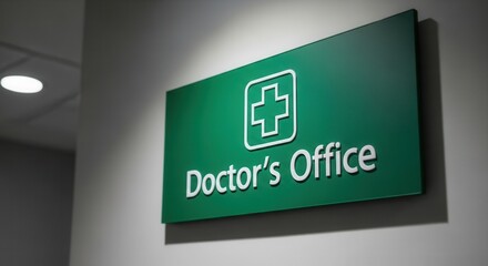 Hospital Entrance Sign Indicating Doctor's Office With A Green and White Medical Symbol