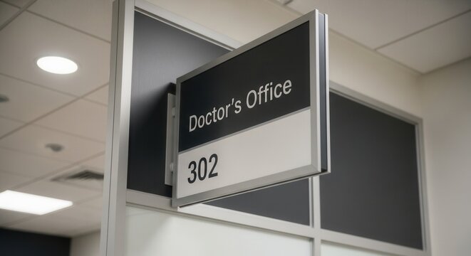 Hospital Entrance Sign Indicating Doctor's Office with Room Number 302 Displayed