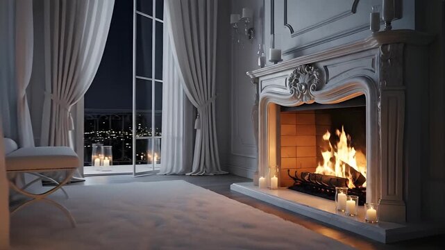 Luxurious Four Poster Bed Chamber With Crackling Fireplace and Cityscape View at Night in Dim Lighting