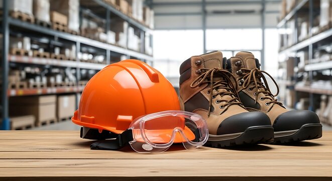 Construction safety equipment on a wooden table in a warehouse setting with shelving