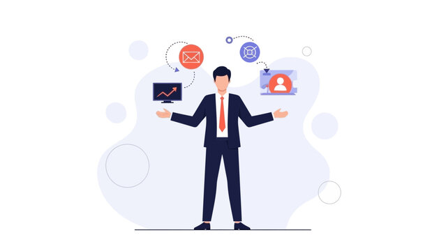 Businessman juggling tasks, digital icons, strategy, success, multitasking concept