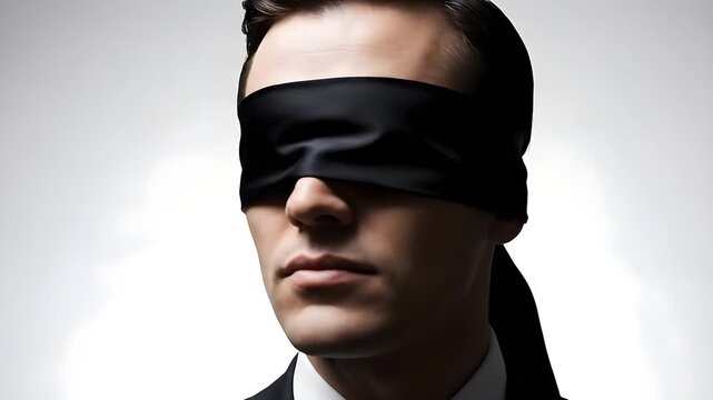 Man in Black Suit and Tie Blindfolded with Black Cloth Standing Against a White Backdrop with Dramatic Lighting and Intense Gaze