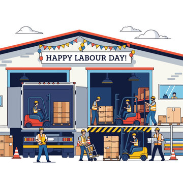 Workers loading a truck in a warehouse, celebrating Labour Day
