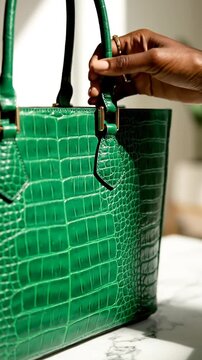Close-up of luxury green crocodile-embossed handbag on white marble surface