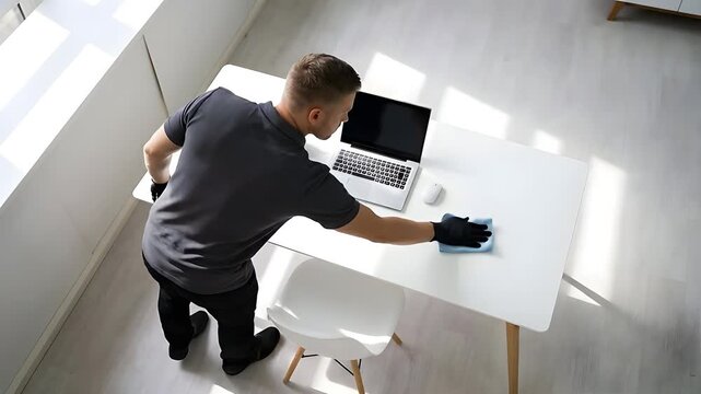 Man in grey polo shirt and black pants wearing black gloves cleans a white desk with a blue cloth in a bright modern office with a laptop and a small potted plant bathed in natural sunlight casting