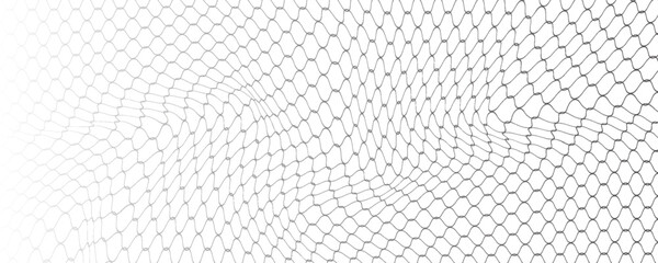 Fishing or soccer net. Repeated hexagon pattern. Black wired mesh texture isolated on white background. Metallic or fabric fence, cage or lattice structure. Vector graphic Illustration. © PECAH