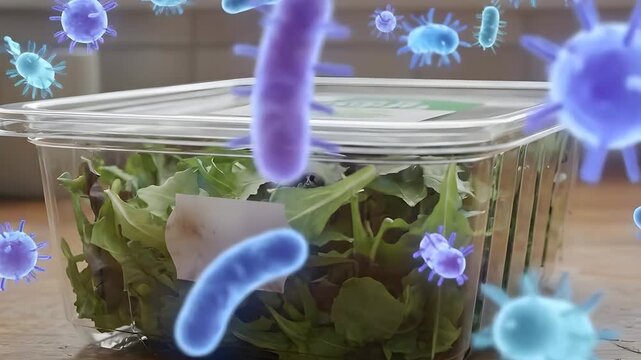 Microscopic Bacteria and Viruses Floating Around a Transparent Plastic Container Filled With Fresh Green Salad on a Wooden Surface With a White Mug in the Background Kitchen Environment Soft Natural