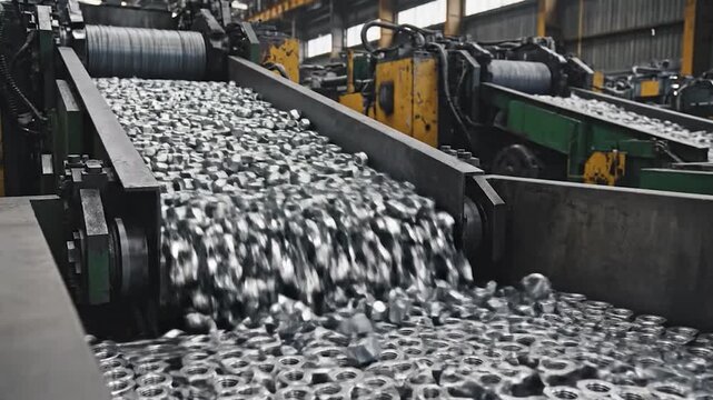 A single l nut travels along an industrial conveyor belt in a factory.