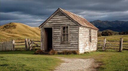 Obraz premium Weathered Wooden Shack Stands Amidst Green Field with Distant Mountains Under a Cloudy Sky with Natural Light and a Rustic Fence