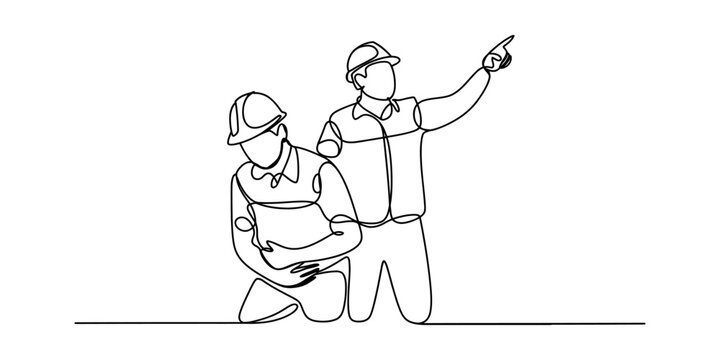 Continuous line drawing of two construction workers in hard hats planning on a site. Vector, illustration
