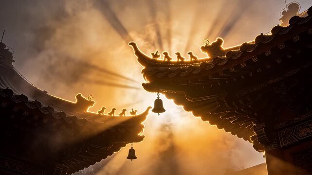 Temple roof eaves with animal statues and sun rays