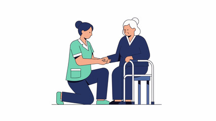 Kneeling Caregiver Assisting Elderly Woman on Walker in Calm White Room &ndash; Cartoon Illustration