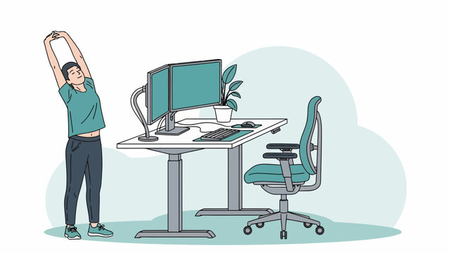 Cartoon Man Stretches at Desk in Teal Office, Highlighting Relaxation Amid Work Break