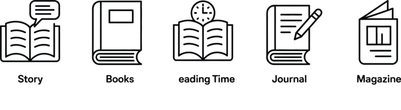 Story books and journals with reading time magazine and educational literature symbols for library and school.