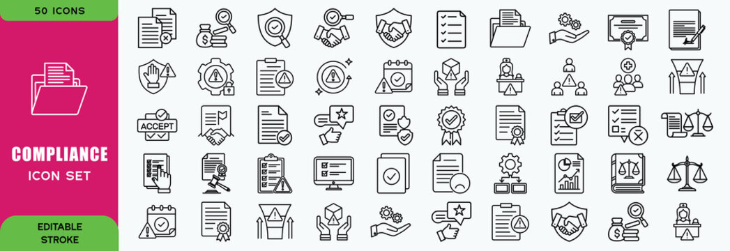 Compliance line editable icon set. Contain icons related to compliance, regulatory, governance, corporate, transparency, regulations and more. Editable stroke. Vector illustration