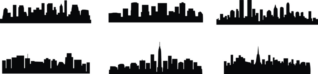 Obraz premium Black silhouette city skylines collection with diverse buildings, urban architecture, cultural landmarks, global cityscape design vector illustration set background.