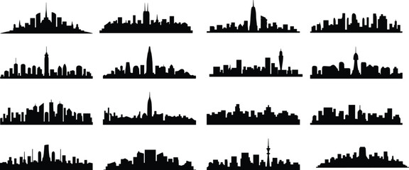 City skyline silhouette vector collection featuring iconic urban architecture, global landmarks, modern buildings, cultural skylines, simplified design artwork illustration.