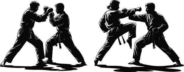 Dynamic martial arts sparring silhouette with fighters in combat poses, karate uniform training vector design for sports, discipline, and competitionDynamic martial arts sparring  © Maminul