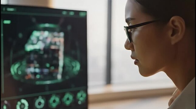Focused female data scientist analyzes complex architectural visualizations and code on a curved monitor setup in a modern tech-forward office environment showcasing innovation and digital design